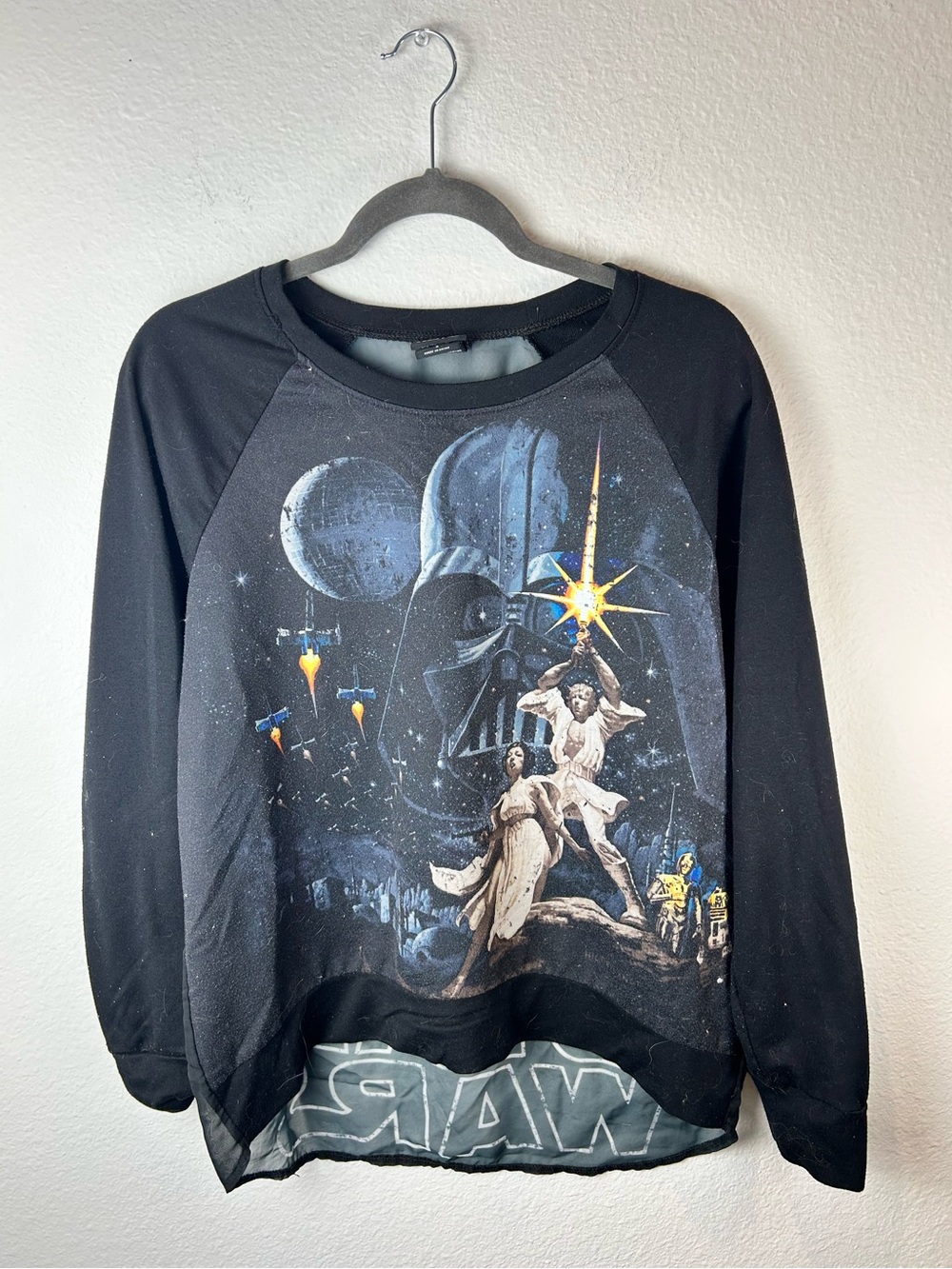 Macy's Black Star Wars Raglan Long Sleeve Tee with Blue and Gold Graphic
